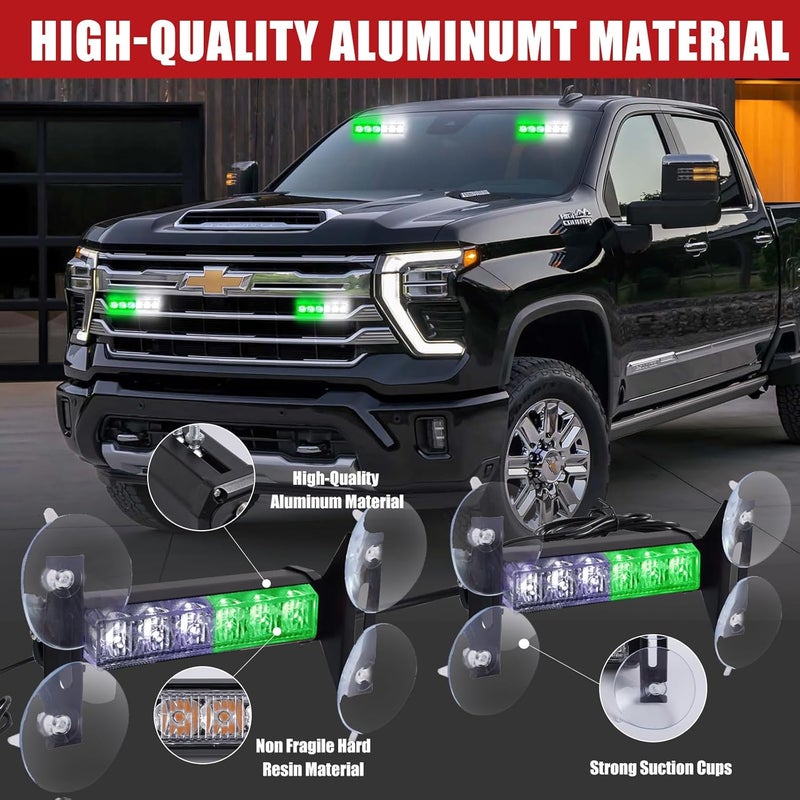 Tiannor 2X 6.1 inch Emergency Strobe Lights Green White 12 LED Warning Flashing Safety Dash Side/Front/Rear Windshield Lights Grill Surface Mount forVolunteer Firefighter Vehicles POV Trucks Car... - Image 2